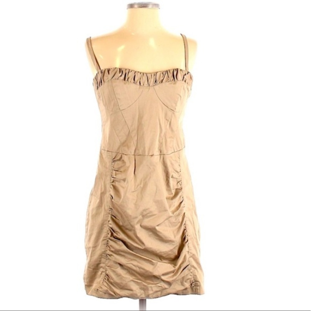 Nanette Lepore 6 tan retro‎ bodycon bustier detachable straps ruched skirt dress